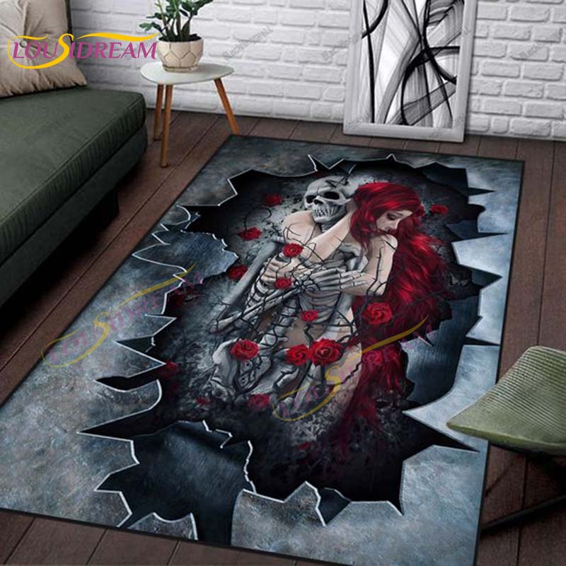 Koberec Lebka a růže Květinový koberec Lebka do obývacího pokoje Ložnice Herna Červená růže Koberec na podlaze Koberec Wicca Area Home Dekor