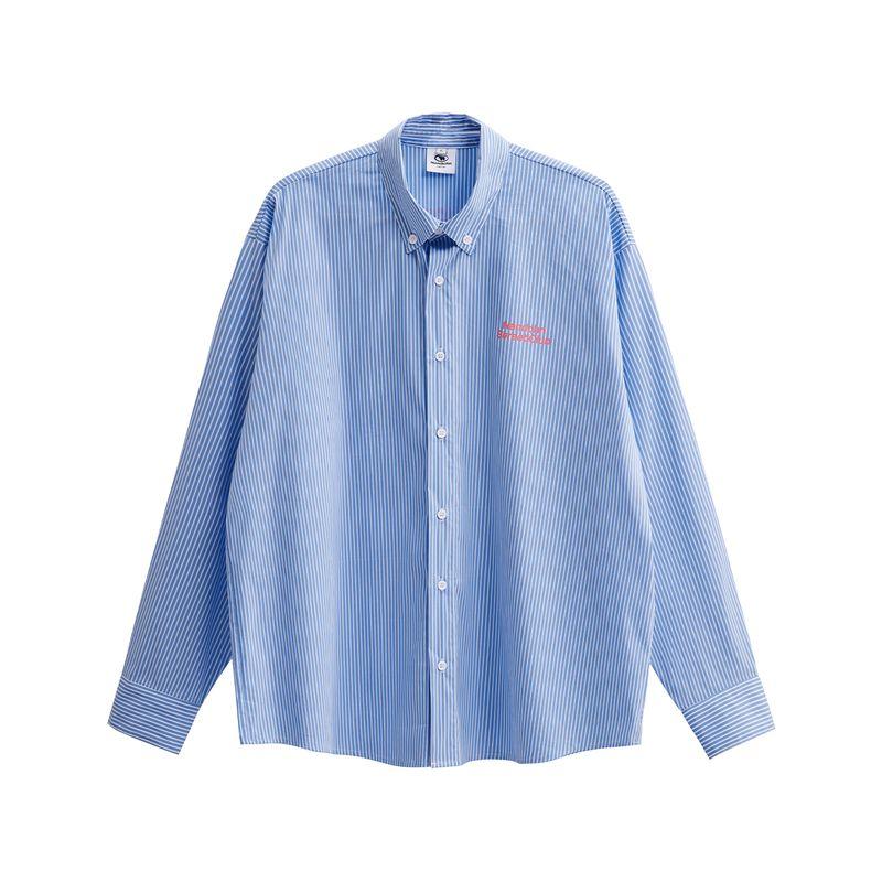 Men's American Retro Letter Print Striped Long-Sleeved Shirt for Men and Women, Blue Couple's Lazy Casual Sun Protection Shirt