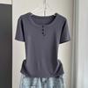 Women Modal Ribbed Button Round Neck Short Sleeve Tee Slim Base Top Spring Summer