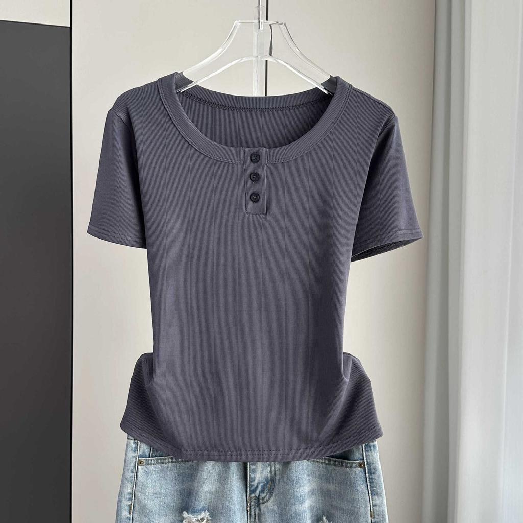 Women Modal Ribbed Button Round Neck Short Sleeve Tee Slim Base Top Spring Summer
