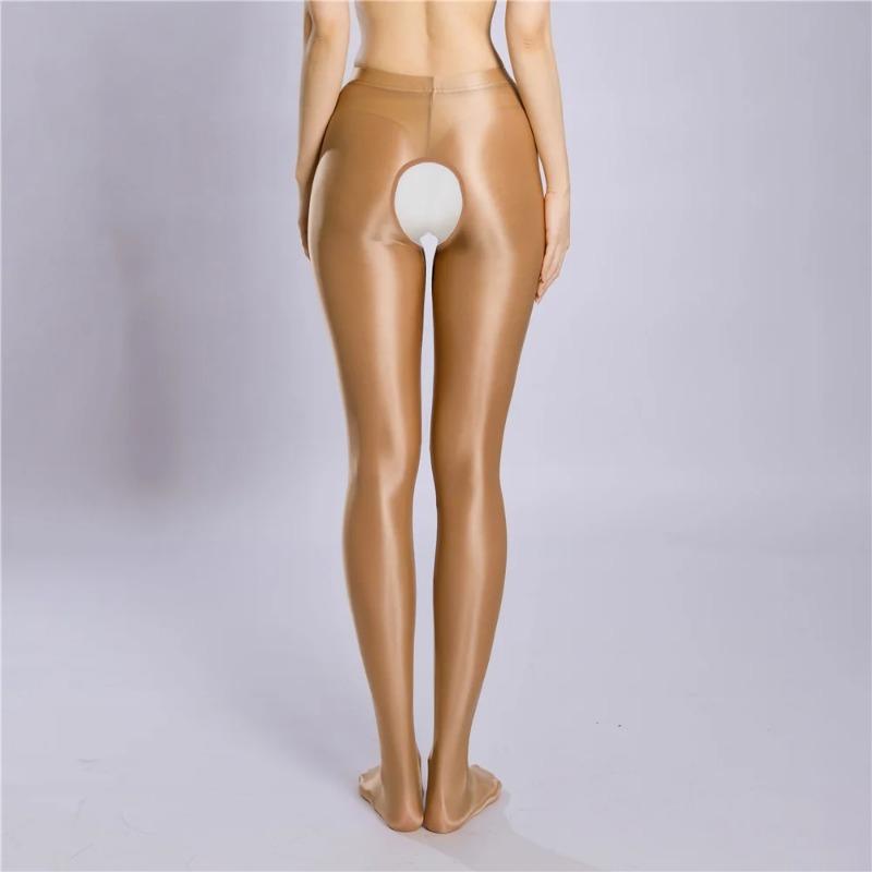Sexy Women Crotchless Pencil Pants Elastic Glossy Shiny Slim Leg Yoga Shape Legging Tights Summer Ootd Fashion Party Dance