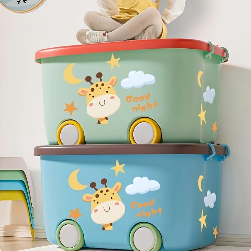 2Color Cartoon Cute Storage Box with Wheels a Household Storage Box with a Handle And Lid,Comes with a Set of Cartoon Stickers,Stackable for Books,