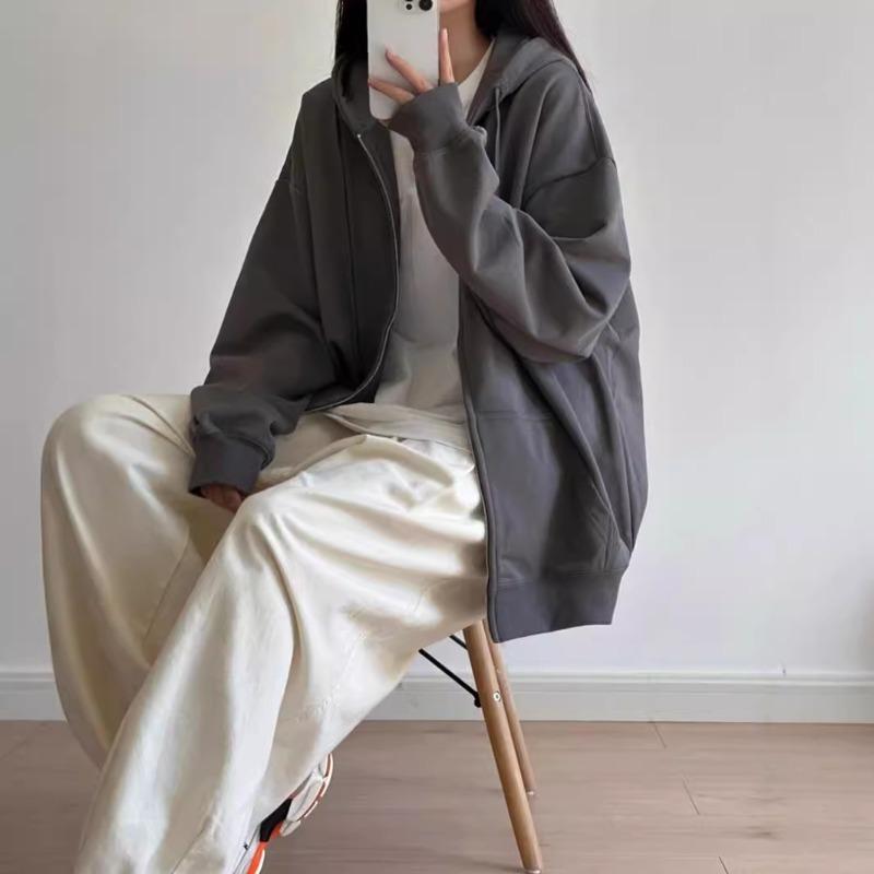 Lazy wind premium gray sweater jacket women's spring and autumn casual sports hooded zipper top cardigan versatile