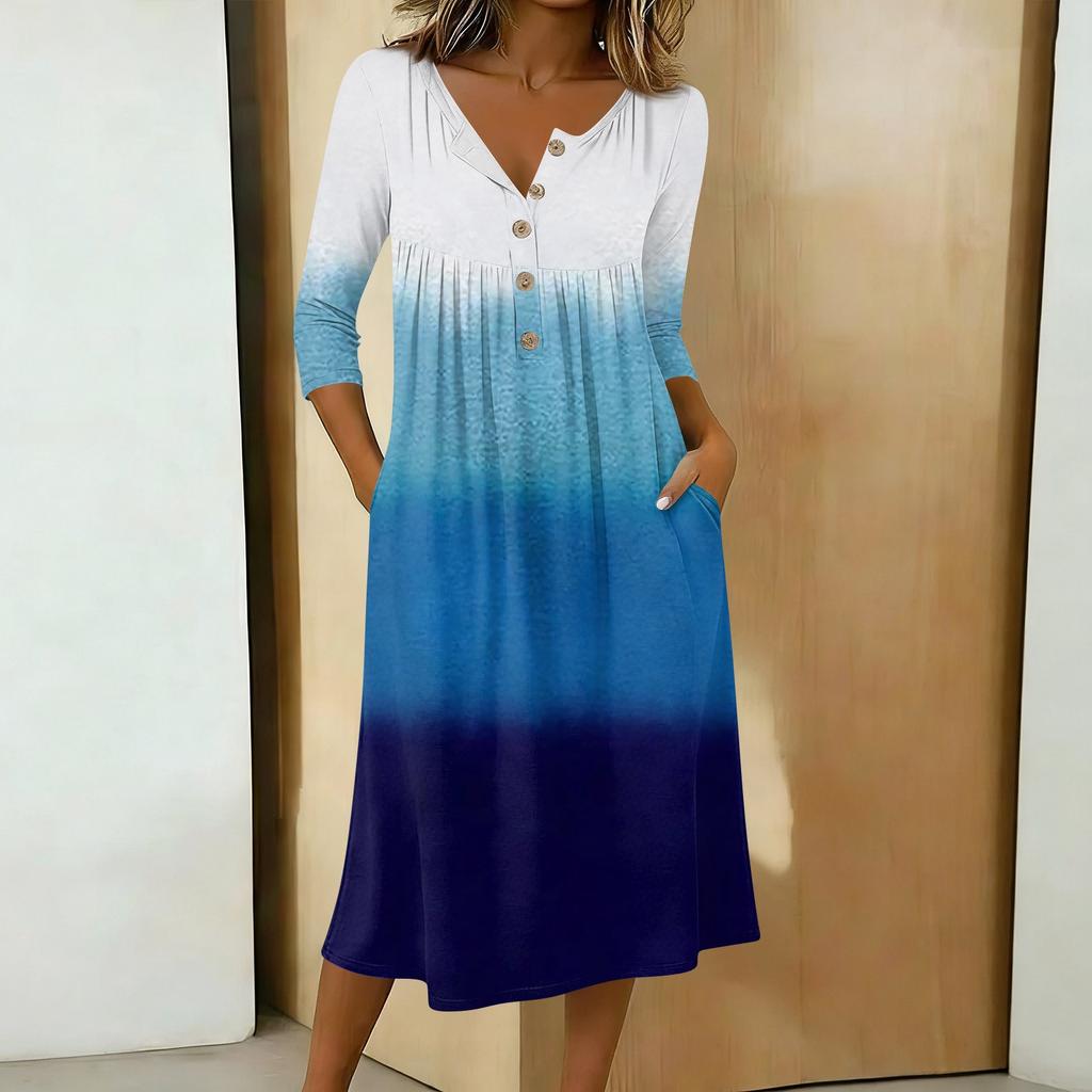 Women's Fashionable Color Printed Round Neck 3/4 Sleeve Button Collar Mid Length Casual Dress
