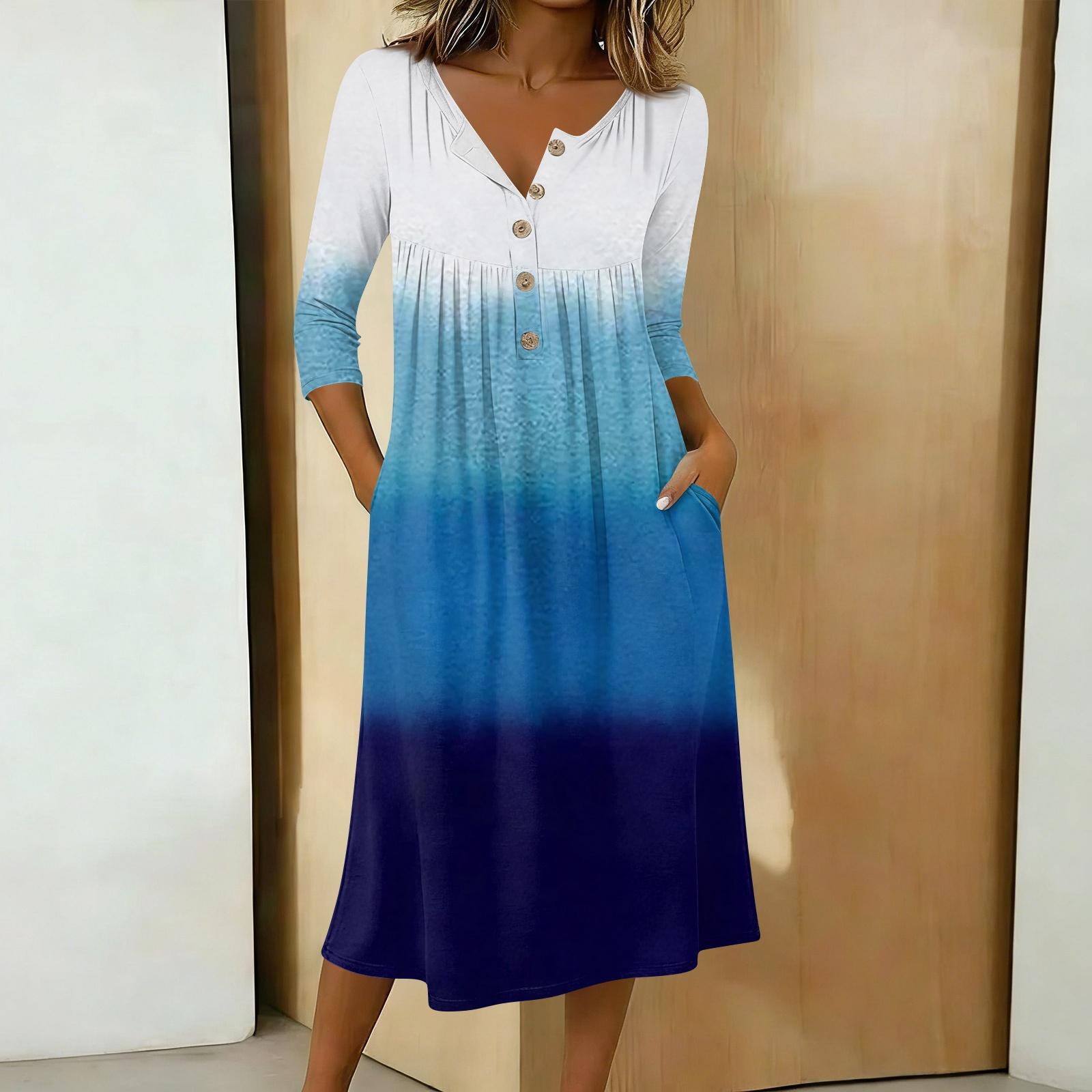 

Women s Fashionable Color Printed Round Neck 3/4 Sleeve Button Collar Mid Length Casual Dress XL білий