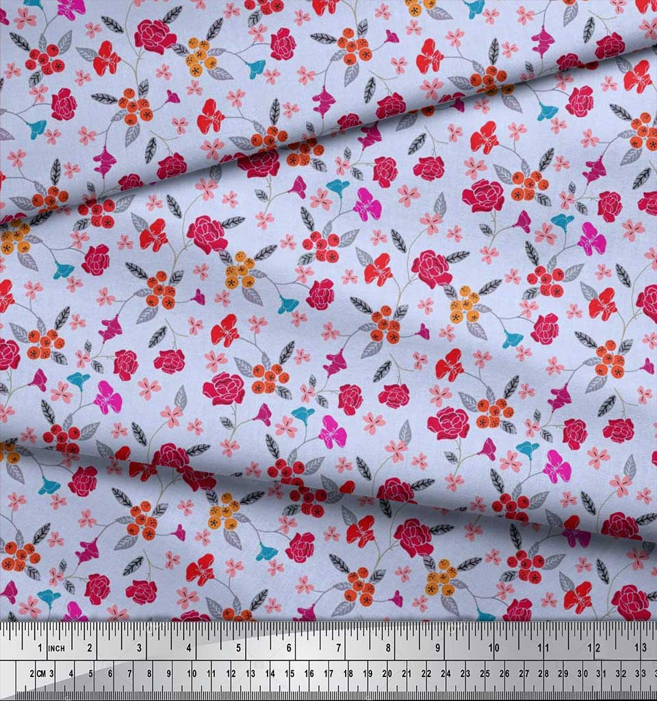 Soimoi Japonská krepová saténová látka Bobule, Listy a Květinový umělecký potisk Látka na metr 42 palců