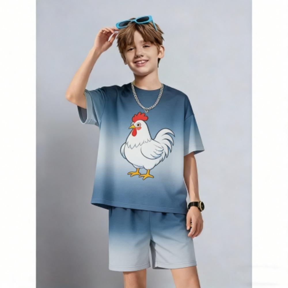 Kids Set Anime Cartoon Chicken Printed Kids T-shirt and Shorts 2 Piece Set Summer Casual Outdoor Boys and Girls Outfit Kids Clothing