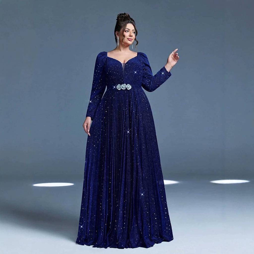 Neues Abendkleid große Größe Pailletten lange Ärmel Temperament elegant langes Kleid Party Bankett Partykleid