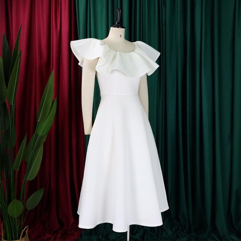 Women Elegant Ruffled High Waist A Line Midi Evening Party Dress