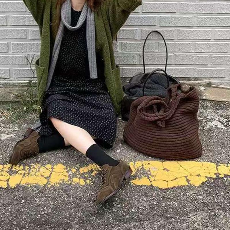 Retro Knitted Handbag for Women Autumn Winter New Design Solid Color Knitted Bag Large Capacity Travel Shoulder Bag CLE