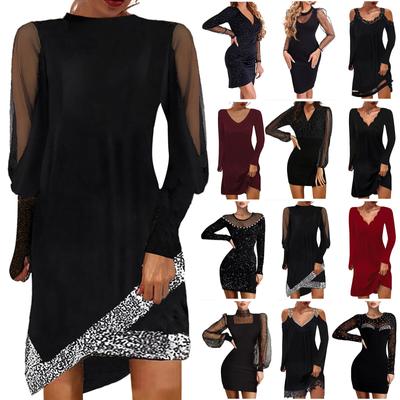 Moda feminina renda malha lantejoulas patchwork manga comprida vestido gola redonda