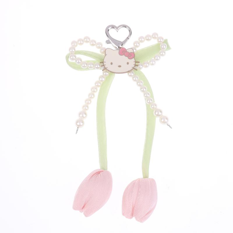 Ins Fresh Tulip Hello Kitty Keychain Y2K Trendy Sweet Imitation Pearl Bowknot Keyring Bag Pendant Backpack Hanging Decor Gift