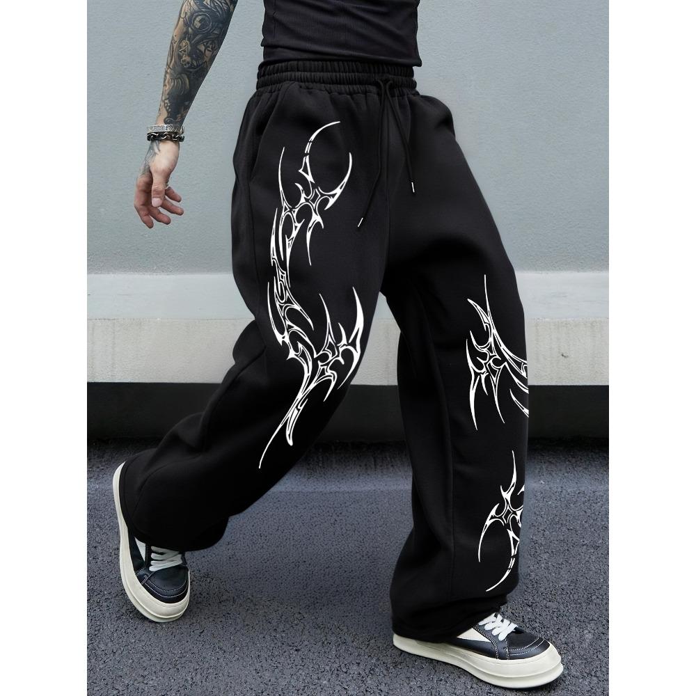 

Gothic Printed Elastic Waist Sports Pants, Elastic Loose Casual Street Retro Straight Leg Sports Wide Leg Pants S