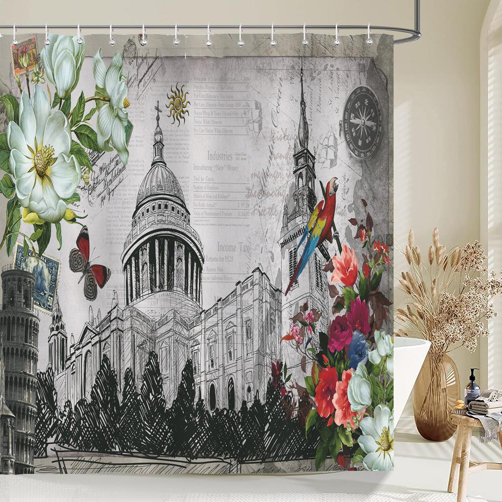 1 Pack European Retro Architecture Flower Style Shower Curtain Partition Bathroom Curtain With Hooks Home Decorative Curtain