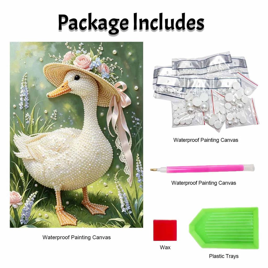 Pearl painting kit features elegant duck with floral hat 5D pearls mosaic art style home wall decoration.