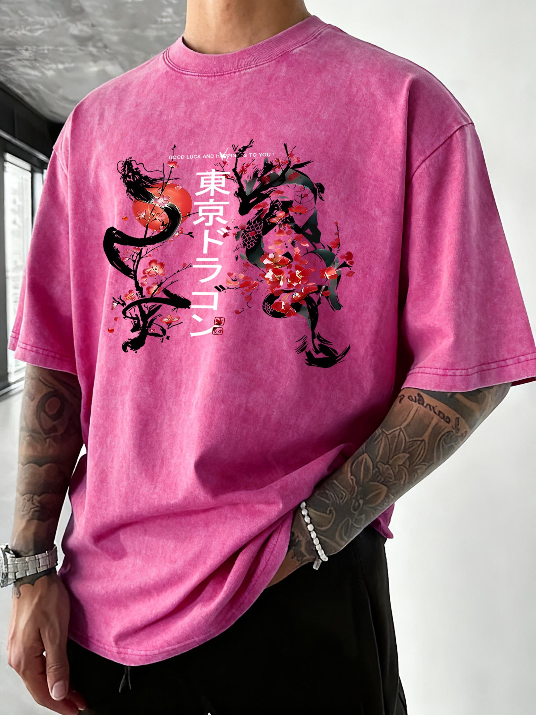 

Tokyo Harajuku Dragon Cherry Blossom Print Washed T Shirt Man Cotton Hip Hop TShirt Street Beach Top Crewneck Loose Clothes S