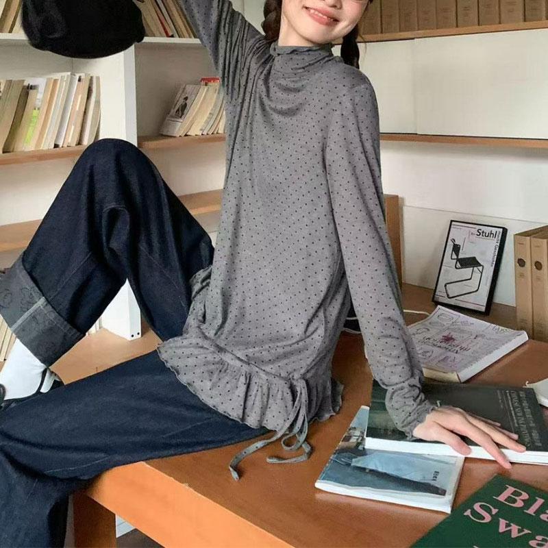 

Повседневные базовые пуловеры в горошек Осень Зима Флис Полувысокий воротник Женская одежда Складки Стильная кулиска Корейские футболки S серый