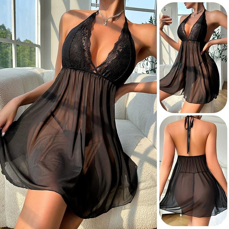 New Comfortable Solid Color Mesh Perspective Temptation Bareback Strap Sleeping Dress