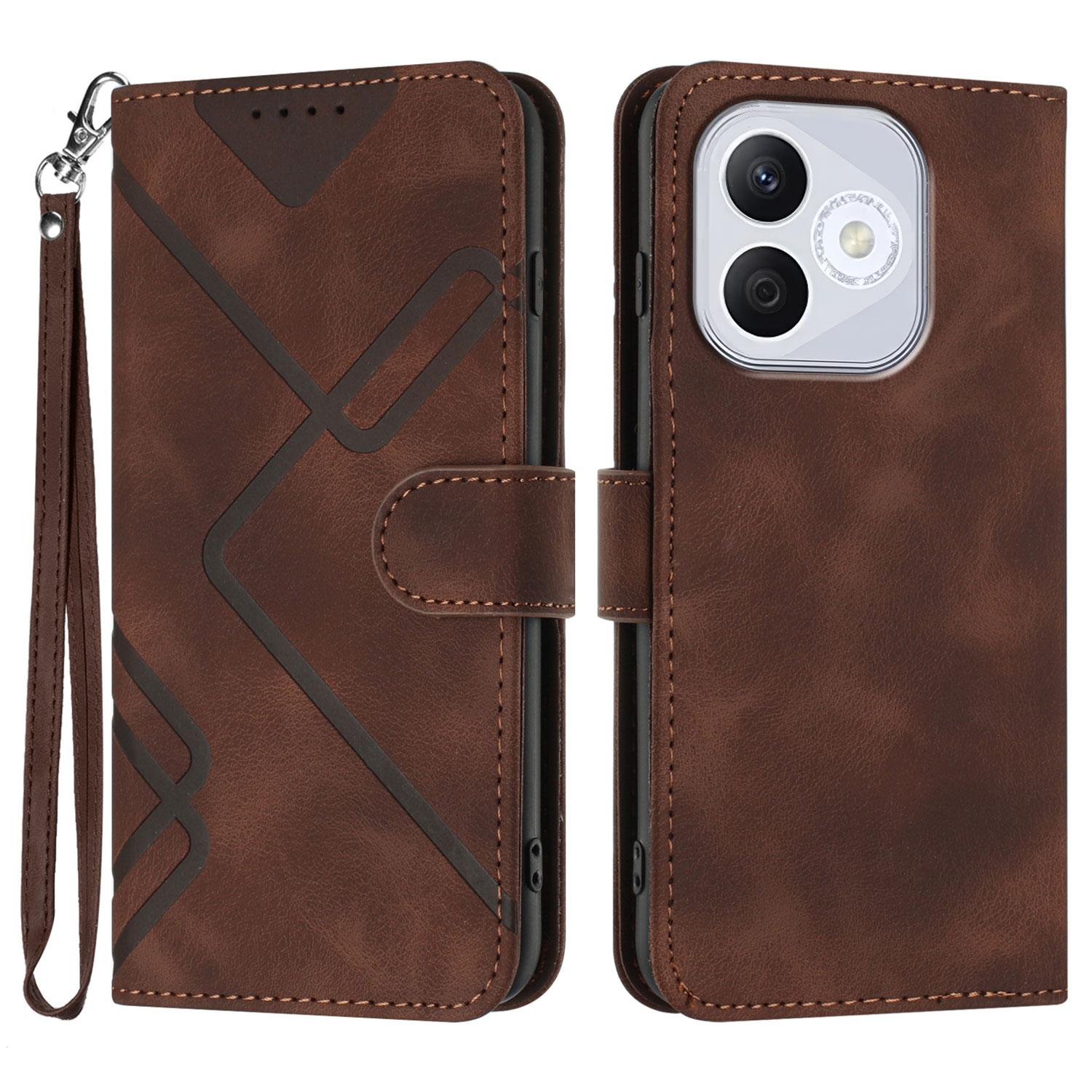 

For Honor 400 Lite Wallet Case Line Imprinted PU Leather Phone Cover with Strap Brown