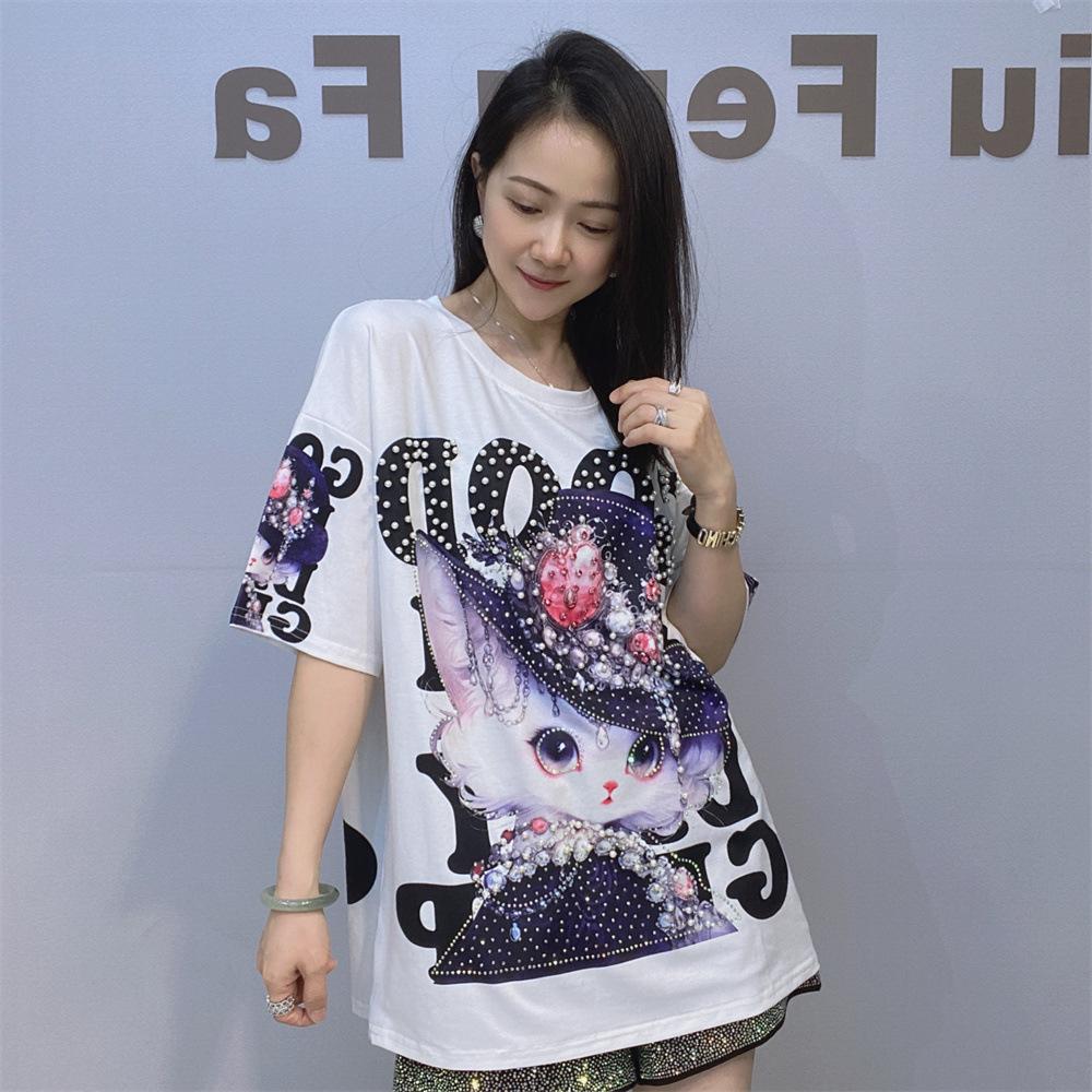 Modische bedruckte T-Shirts für Damen Sommerkleidung Lässig 3D Cartoon-Muster Heiße Strassperlen Weibliche Kurzarm-Tops T-Shirt