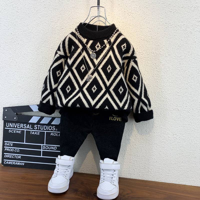 Boys' Plush Sweater Winter Baby's Knitted Sweater Jacket Spring and Autumn Base Top Children's Thick Woolen Sweater