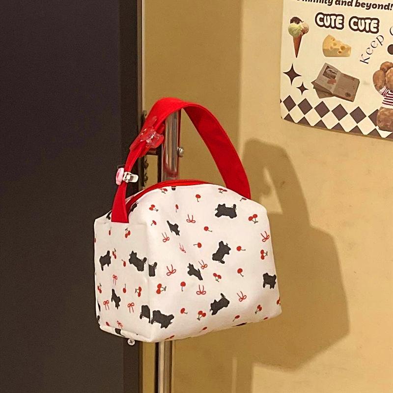 Cute Black Cat Cherry Bow Print Handheld Cosmetic Bag High Capacity Travel Portable Sundries Storage Bag Fashion Makeup Bag Gift