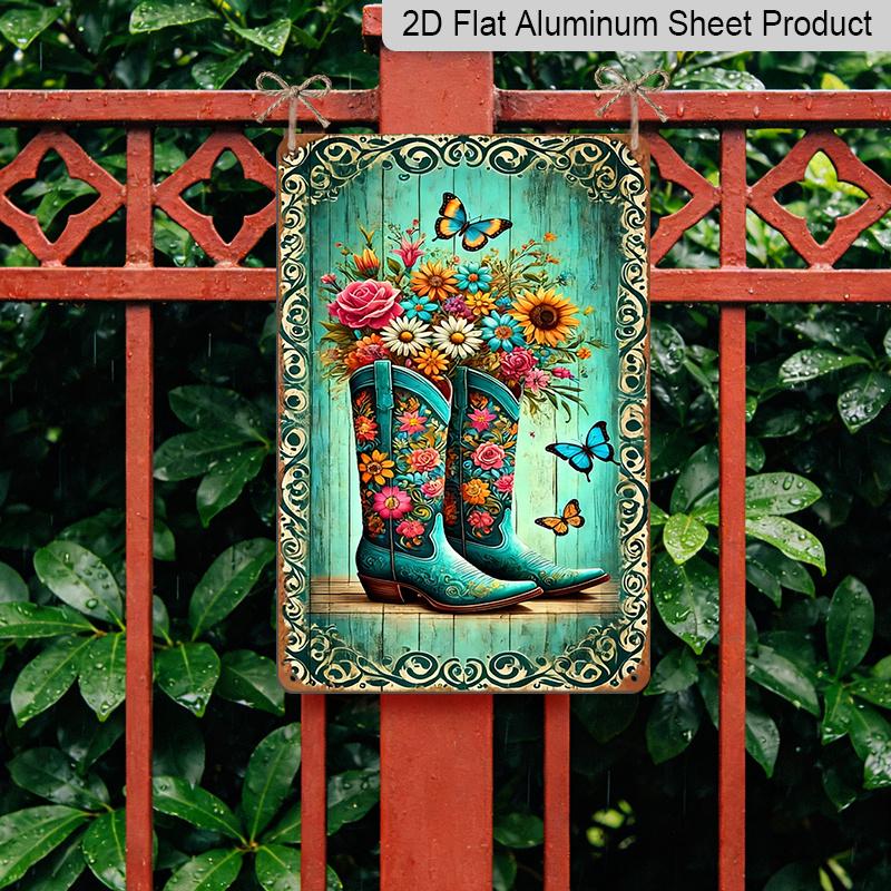2D Flat, 1pc Western Retro Floral Boots Aluminum Wall Art Sign - 8x12 Inch Rustic Turquoise Boots with Vibrant Flowers & Butterflies, Durable