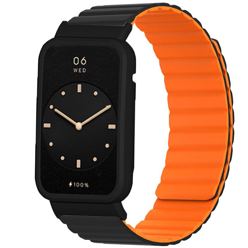 

For Xiaomi Mi Band 7 Pro Silicone Magnetic Watch Band Quick Release Wrist Strap with Watch Case Cover Black/Wine Red