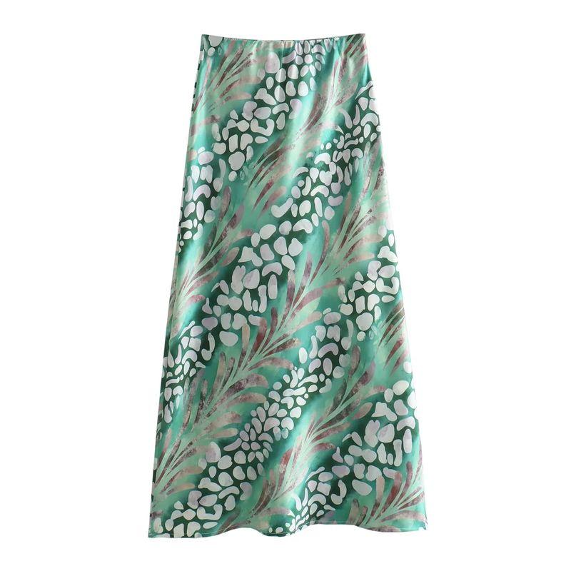 Spring and Summer New European and American Holiday Style Silk Satin Texture Print Shirts High Waist Slimming Midi A Word Skirt