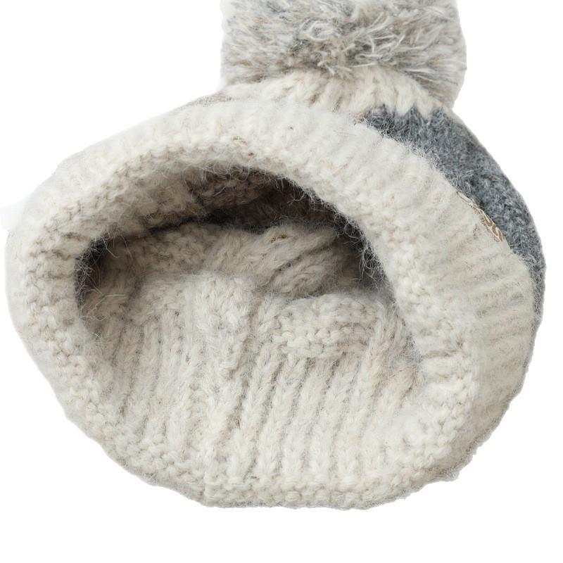 Korean Version of All match Color blocking Plaid Wool Hat Cute Fur Ball Plus Velvet Warm Hat Autumn and Winter Outdoor Leisure Cold Hat New