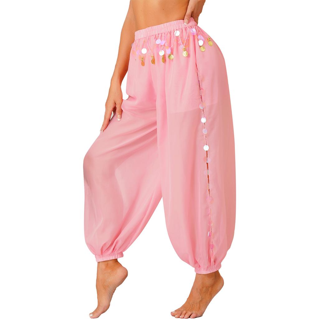 Damen Bauchtanz Kostüm Pailletten Bloomers Seitenschlitz Design Halb Transparent Locker Hose Performance Kleidung