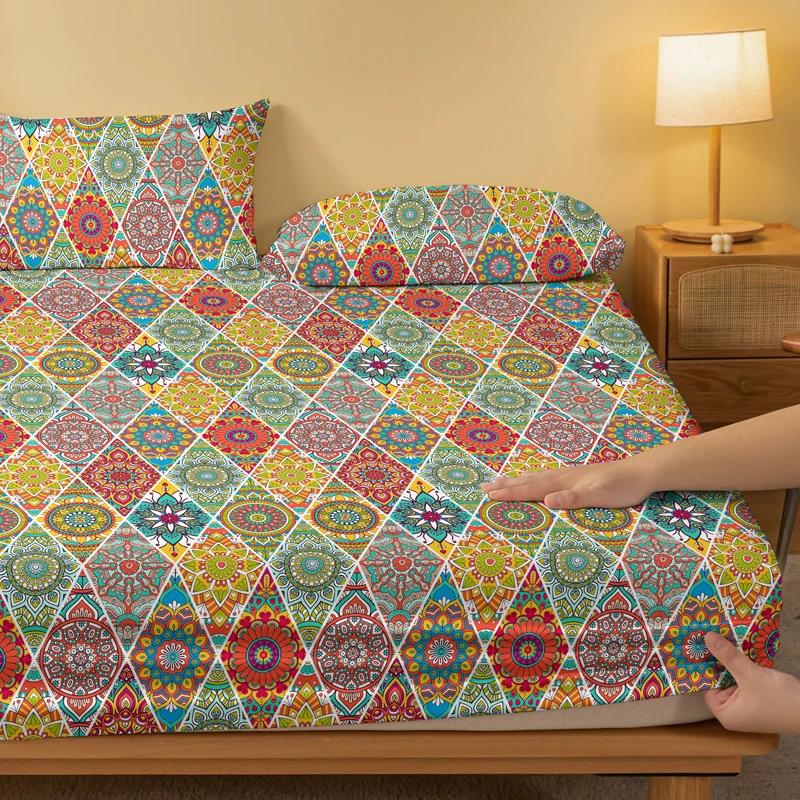 1 Cearșaf de pat mat cu model boem, Cuvertură de pat imprimată pentru dormitor, Lenjerie de pat (Excluzând fetele de pernă)