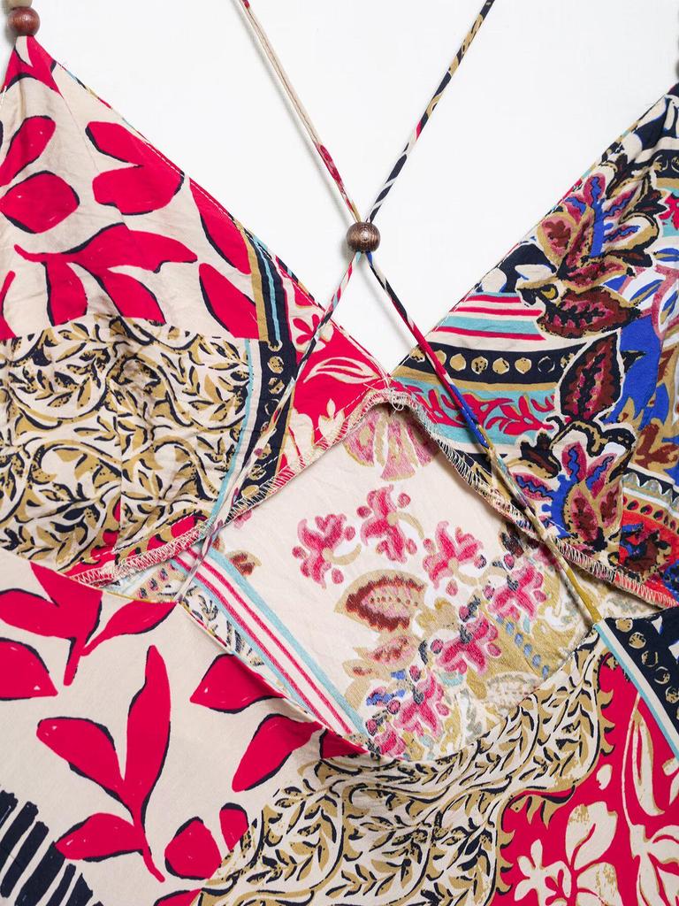 2025 Spring Women's Spaghetti Strap Print Midi Dress - European & American Style Fashion