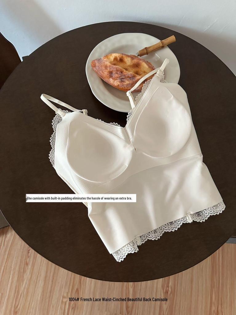 French Lace V-Neck Seamless Camisole with Fixed Cups and Thin Straps