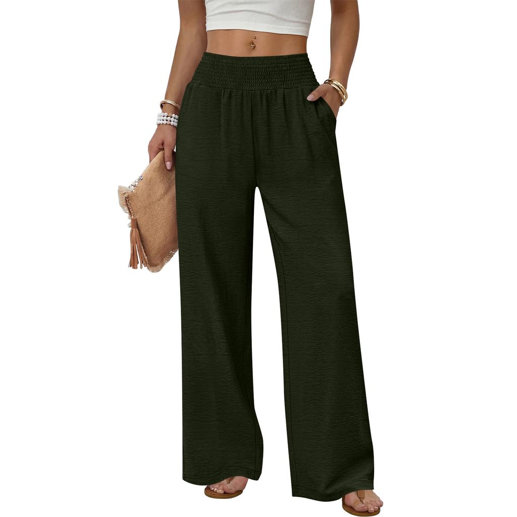 Women High Waist Wide Leg Pants Loose Fit Trousers with Pockets Elastic Waistband Solid Relaxed Fit Casual Trousers for Everyday Wear