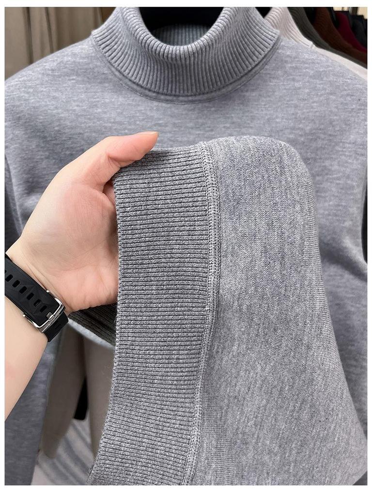 Men's Thick Velvet Wool Sweater - Machine Washable High Neck, Autumn/Winter, 550g Warm Base Layer