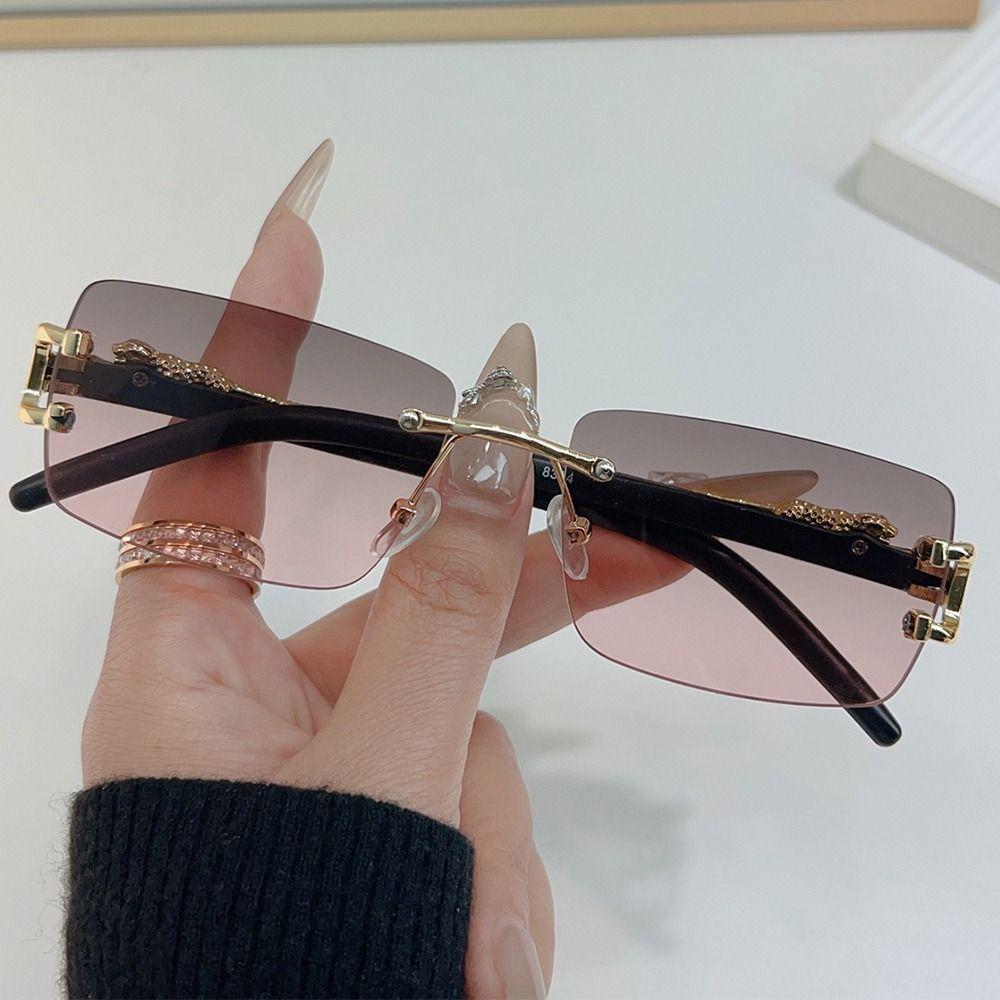 Trendy Rectangular Sunglasses For Women Men Cut-Edge Rimless Shades Uv400 Protection Sun Glasses Leopard Decor Frameless Eyewear