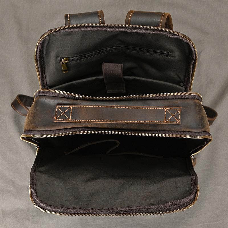 Vintage Travel Backpack leather double zipper bagpack male crazy horse leather backpack handmade leather travel bag men bag