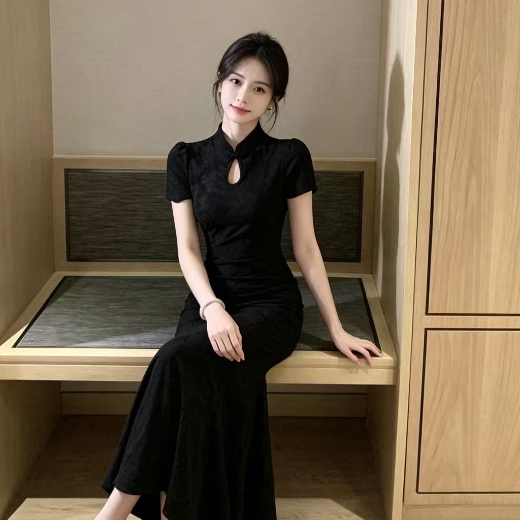 Black New Chinese Dress Women's Summer New Waist and Thin Temperament Beautiful Elastic Improved Cheongsam Women