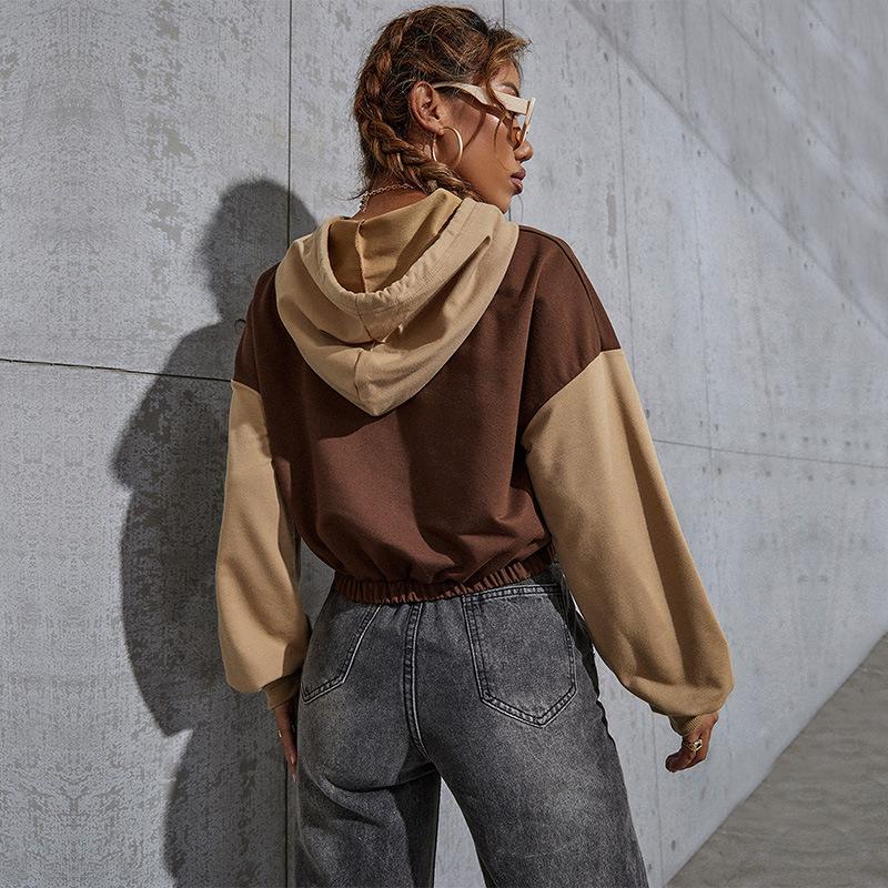 Spring Autumn Color Stitching Women's Hoodies Harajuku Casual Loose Short Hooded Sweatshirt Youth Girl Sports Crop Top Pullovers