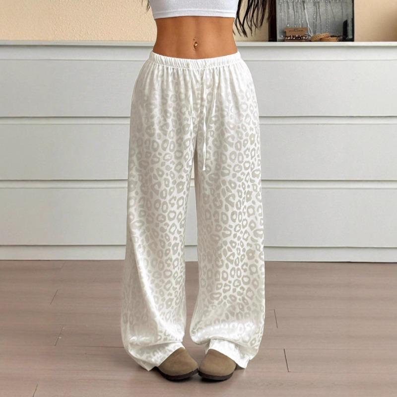Women's Elastic Waist Drawstring Straight Casual Pants Fashionable Satin Leopard Jacquard Trousers