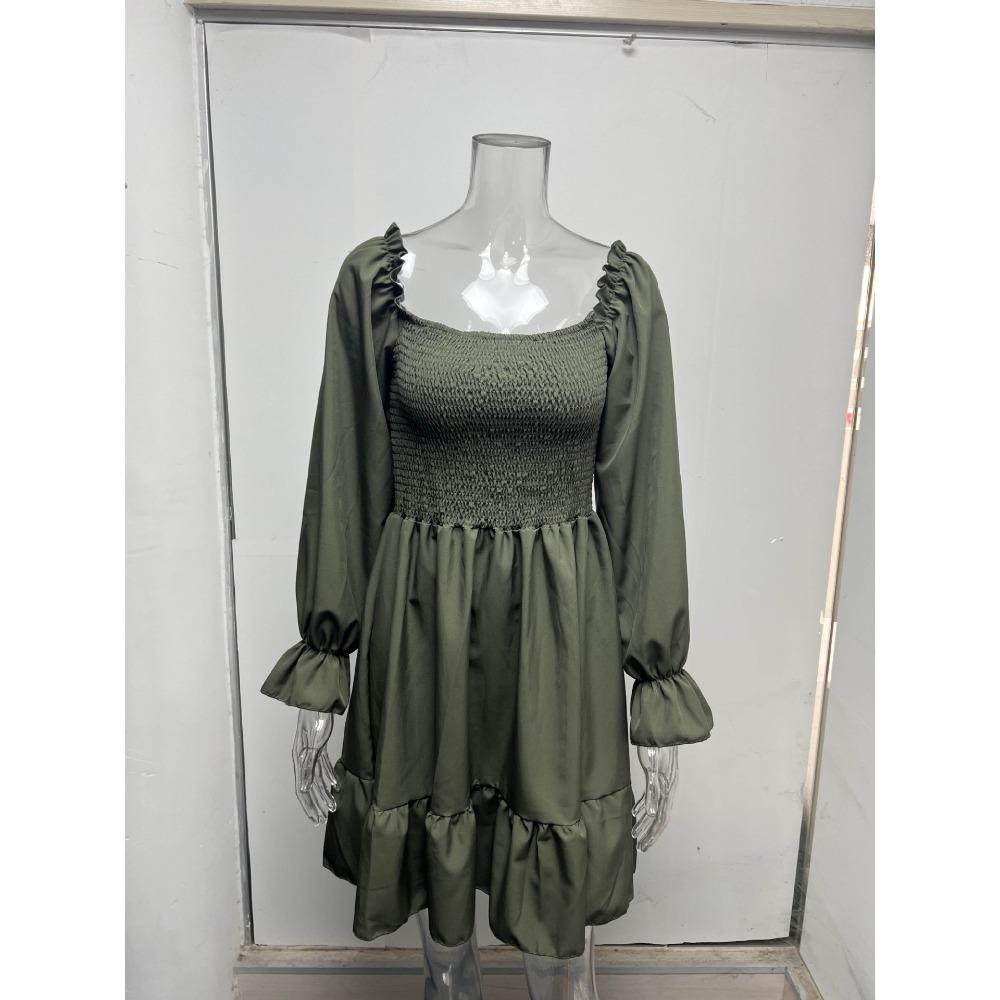 European and American French Simple Square Collar Parallel Crepe Sewing Body Ruffled Hem Dress