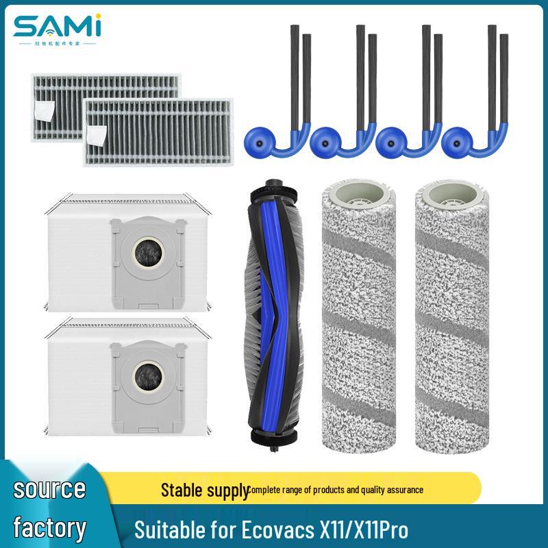 ECOVACS X11/X11 Pro Zubehör: Haupt- und Seitenbürsten, Filtersieb, Walzenbürste, Tuch, Filterwatte, Staubbeutel.