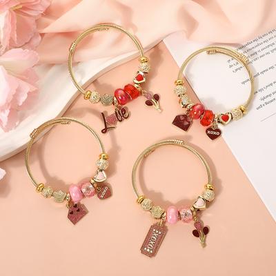 Cartoon Valentine's Day Bracelet Stainless Steel Gold Plated Bangle Sweet Envelope Balloon Beaded Jewelry Light Luxury Style