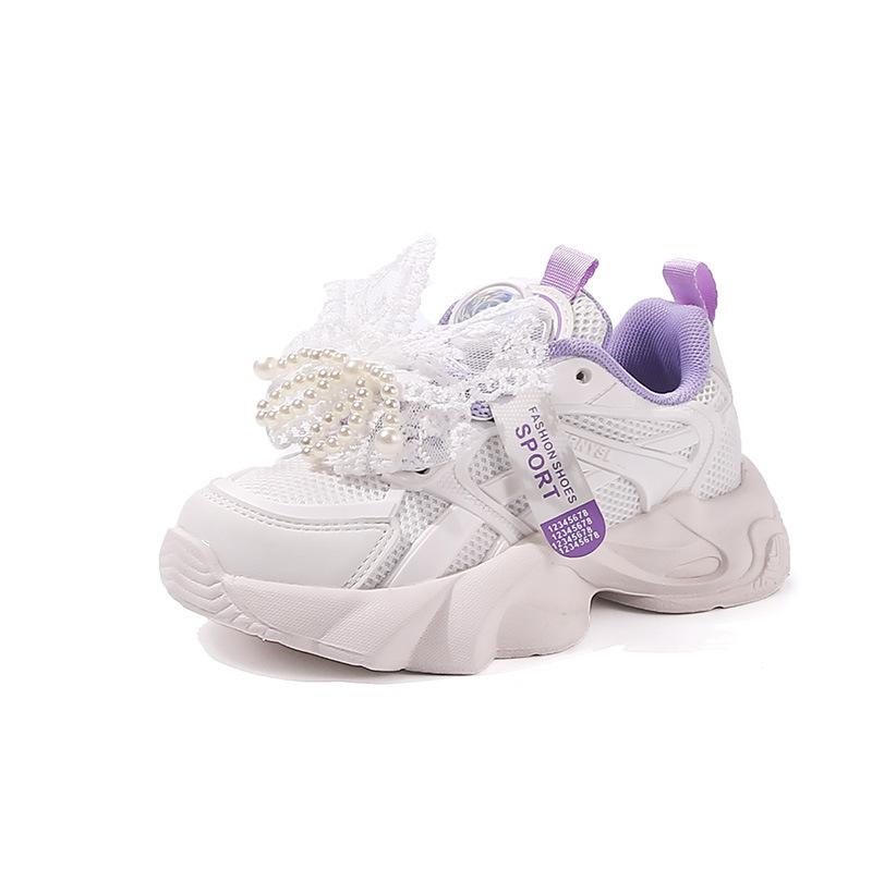 New Spring Mesh Breathable Kids Sports Shoes Girls Soft Sole Non Slip Butterfly Casual Sneakers size 26 фиолетовый