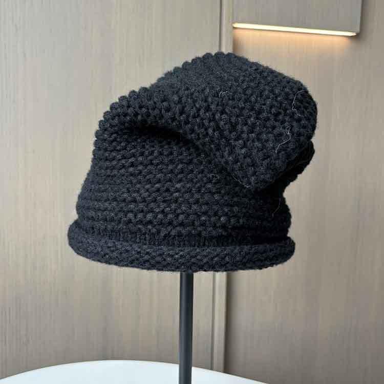 

Шапка-бини с загнутым краем, женская осенне-зимняя, большой окружности головы, послеродовая, теплая вязаная шерстяная шапка, подчеркивающая маленькое лицо M（56-58cm） чёрный