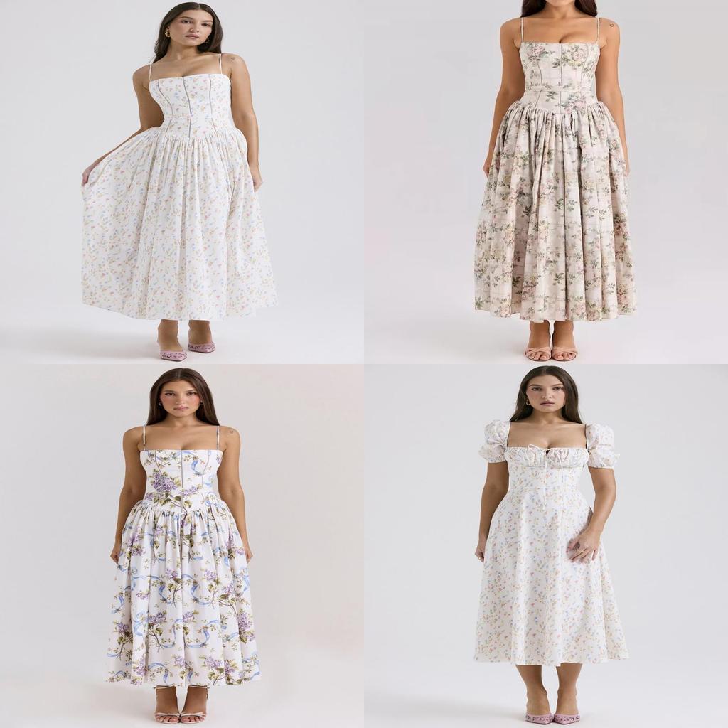 French Style Floral Sleeveless Dress With Polyester Fabric For Elegant Women