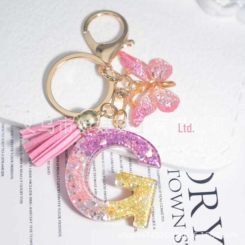 New Sparkling Sequin Initial Keychain with Butterfly Tassel & Crystal Accents