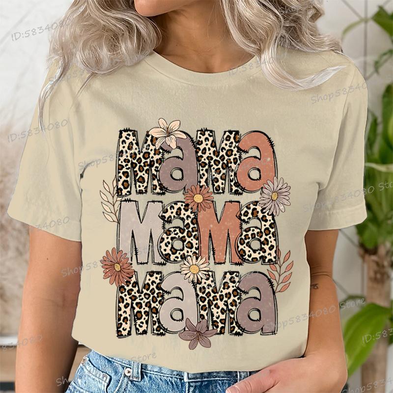 Fashion Funny Leopard Mama Flower Print Kids Short Sleeves T-Shirt Loose Casual Summer Outdoor Street Boy and Girl Tees Tops