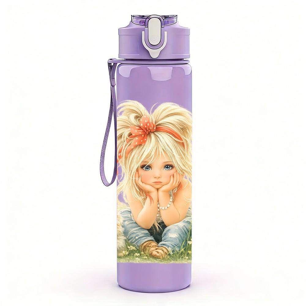 1PC Blond Girl Sitting In Grass Print 750ml Color Plastic Sports Water Bottle Leakproof Flip Straw Lid Suitable for Sports Office Home Use
